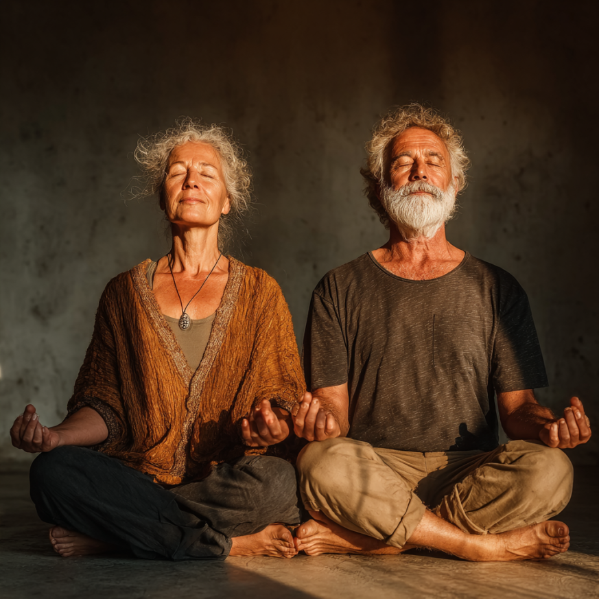 Adultos mayores practicando yoga en un ambiente sereno